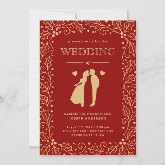 Invitation Mariage Luxueux Rouge et Or Antique (Devant)