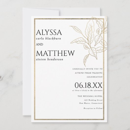 Invitation Mariage luxueux simple et doré blanc (Devant)