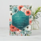 Invitation Mariage luxuriant de corail sarcelle et de succule (Debout devant)