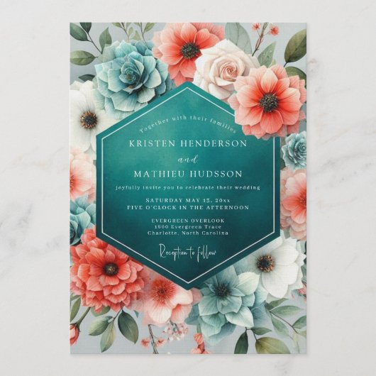 Invitation Mariage luxuriant de corail sarcelle et de succule (Devant)