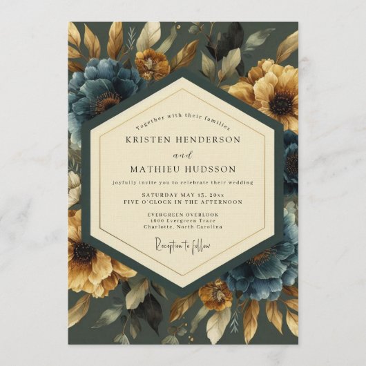 Invitation Mariage luxuriant Marigold & Slate Bloom (Devant)