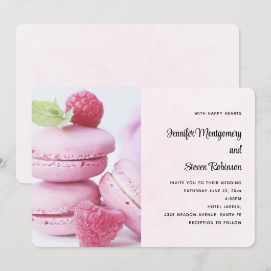 Invitation Mariage Macarons Roses & Framboises Rouges (Devant / Derrière)
