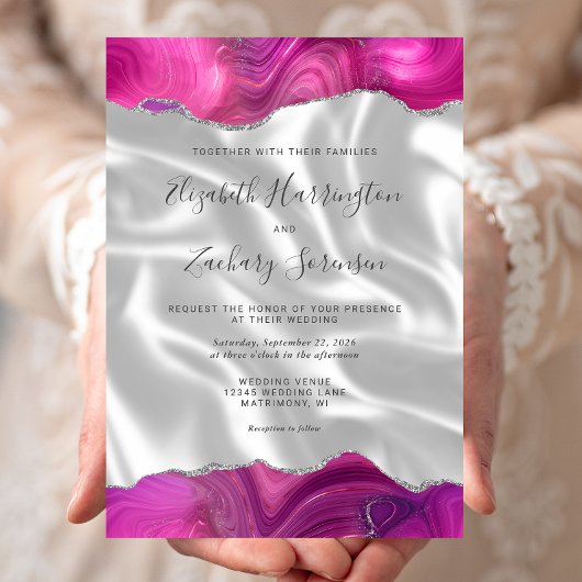Invitation Mariage Magenta Agate Blanc Soie