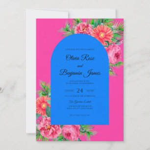 Invitation Mariage Magenta Cobalt Gerbera Eucalyptus