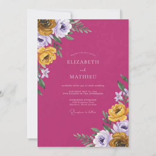 Invitation Mariage Magenta Ocre Ranunculus Eucalyptus (Devant)