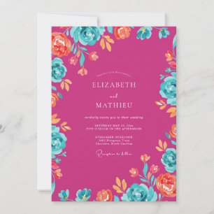 Invitation Mariage Magenta Orange Ranunculus Eucalyptus Pouss