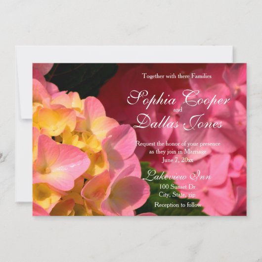 Invitation Mariage magenta rose orange Hydrangeas (Devant)