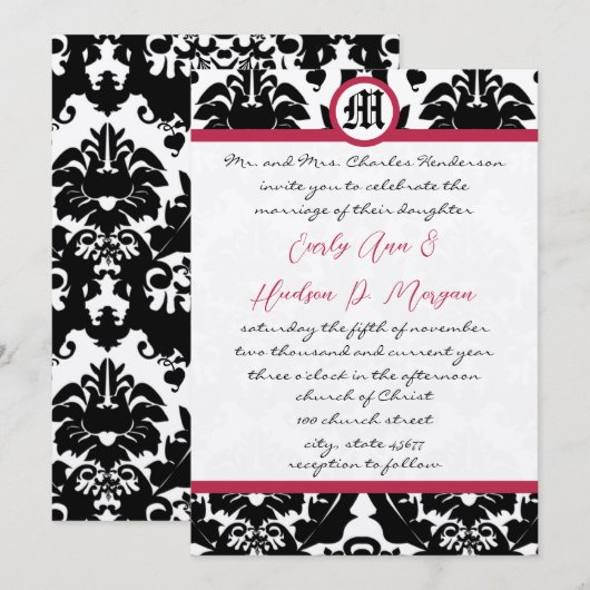 Invitation Mariage Magenta Trim noir & blanc Damask (Devant / Derrière)