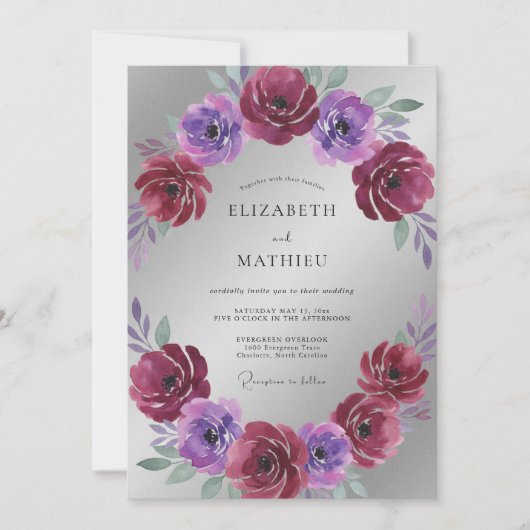 Invitation Mariage Magenta Violet Ranunculus Eucalyptus (Devant)