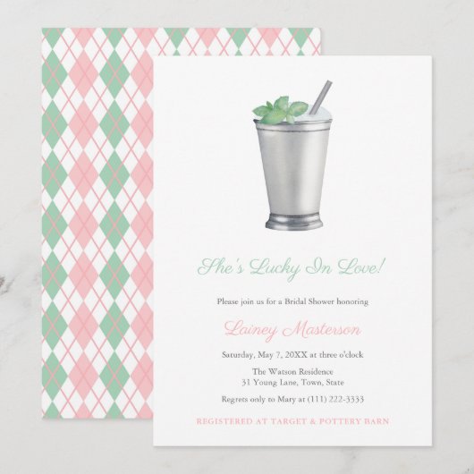 Invitation Mariage main peinte Mint Julep Argyle Derby Shower (Devant / Derrière)