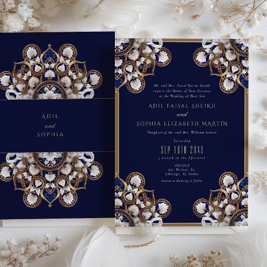 Invitation Mariage majestueux de Midnight Blue et Gold Floral