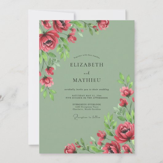 Invitation Mariage Majestueux Rose Vert Sage (Devant)
