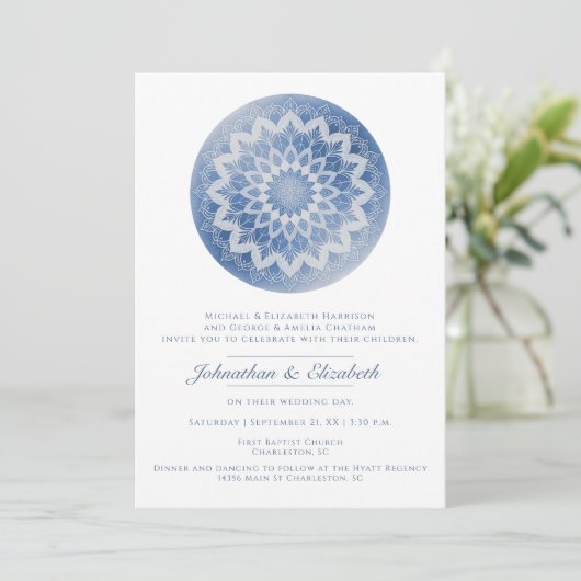 Invitation Mariage Mandala Brodé Bleu (Debout devant)