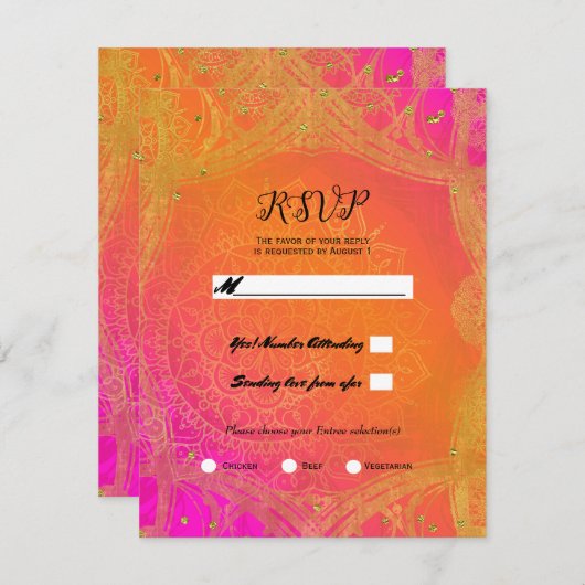 Invitation Mariage Mandala en or rose Fuchsia RSVP (Devant / Derrière)