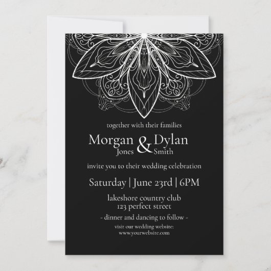 Invitation Mariage Mandala Fleur Noir et Blanc Élégant (Devant)