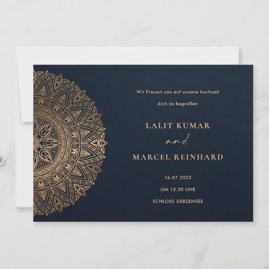 Invitation MARIAGE MANDALA ORNÉ CLASSIQUE OR Élégant NAVY OR (Devant)