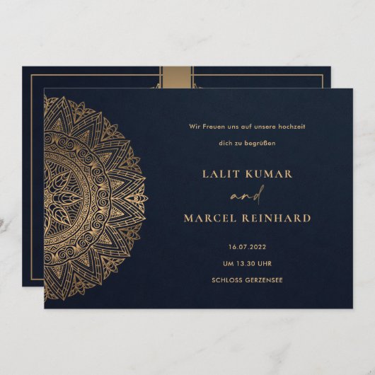 Invitation MARIAGE MANDALA ORNÉ CLASSIQUE OR Élégant NAVY OR (Devant / Derrière)
