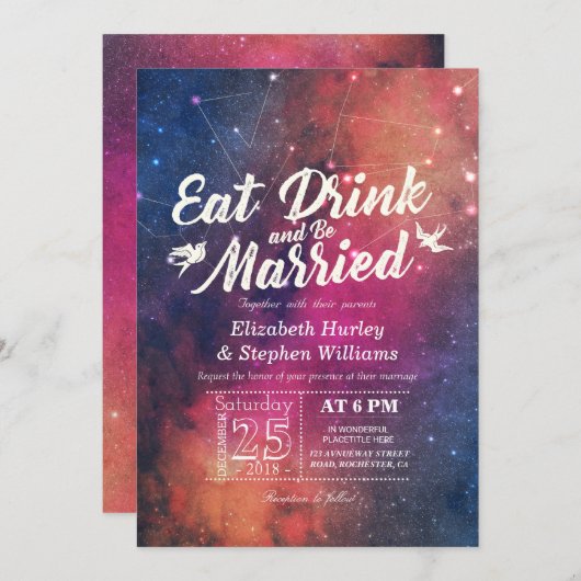 Invitation Mariage MANGER Boire Be Marié Galaxy Constellation (Devant / Derrière)