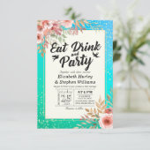 Invitation Mariage MANGER Boire et fête Floral Turquoise Gold (Debout devant)