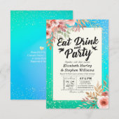Invitation Mariage MANGER Boire et fête Floral Turquoise Gold (Devant / Derrière)