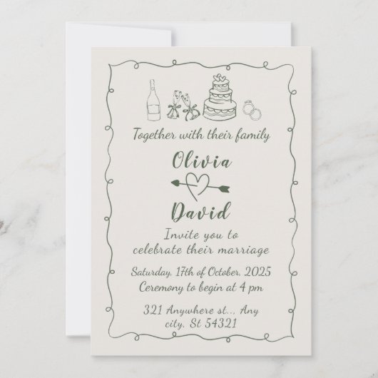 Invitation Mariage manuscrit Dessin Funky Dessin À Main (Devant)