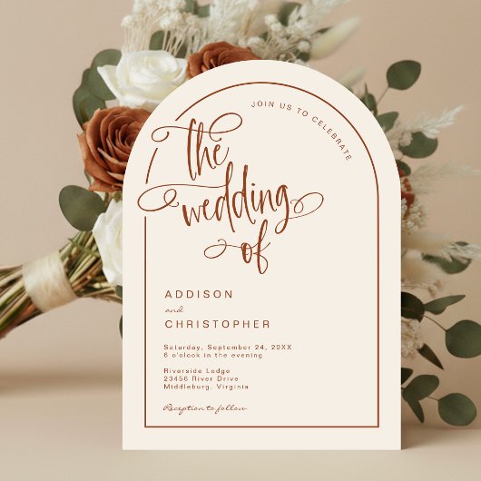 Invitation Mariage manuscrit en terre cuite moderne Beige