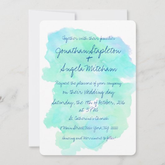 Invitation Mariage manuscrit vintage d'aquarelle turquoise (Devant)