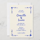 Invitation Mariage maquis rétro bleu manuscrit (Devant)