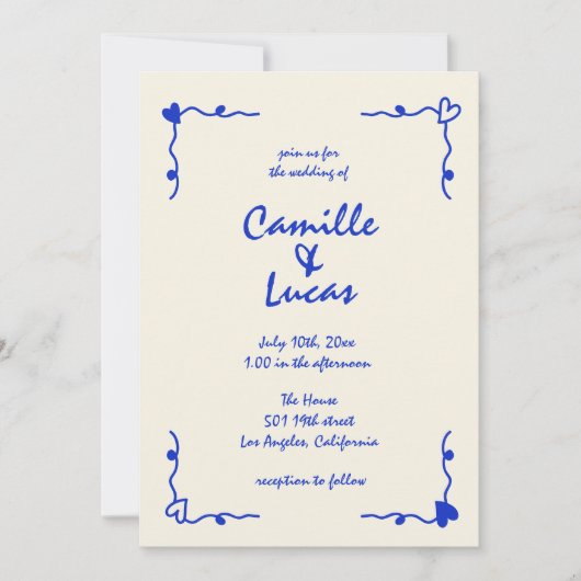 Invitation Mariage maquis rétro bleu manuscrit (Devant)