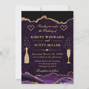 Invitation Mariage Marbre Agate Pailleté Violet et Or