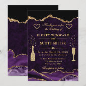 Invitation Mariage Marbre Agate Pailleté Violet et Or (Devant / Derrière)