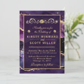 Invitation Mariage Marbre Agate Paillettes Violet & Or (Debout devant)