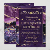 Invitation Mariage Marbre Agate Paillettes Violet & Or (Devant / Derrière)