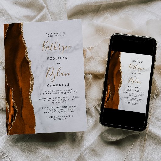 Invitation Mariage Marbre Or Agate Orange Brûlé