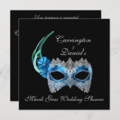 Invitation "Mariage Mardi Gras" - Masque Turquoise avec La (Devant / Derrière)