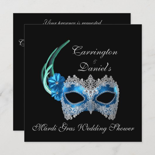 Invitation "Mariage Mardi Gras" - Masque Turquoise avec La (Devant / Derrière)