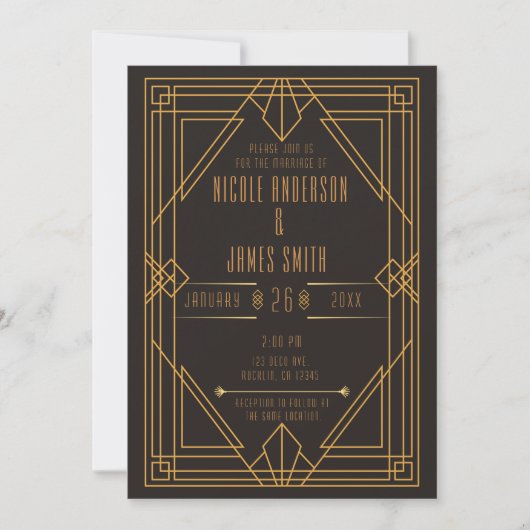 Invitation Mariage Mariage élégant Art déco d'or noir (Devant)