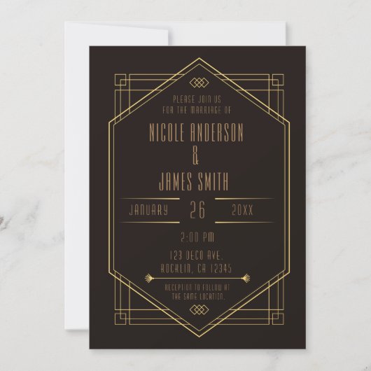 Invitation Mariage Mariage élégant Art déco d'or noir (Devant)