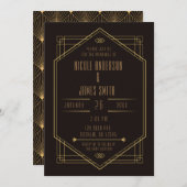 Invitation Mariage Mariage élégant Art déco d'or noir (Devant / Derrière)