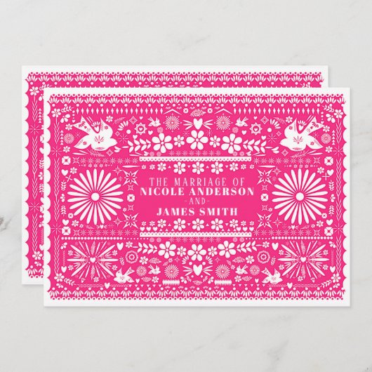 Invitation Mariage Mariage rose-chaud Picado mexicain (Devant / Derrière)