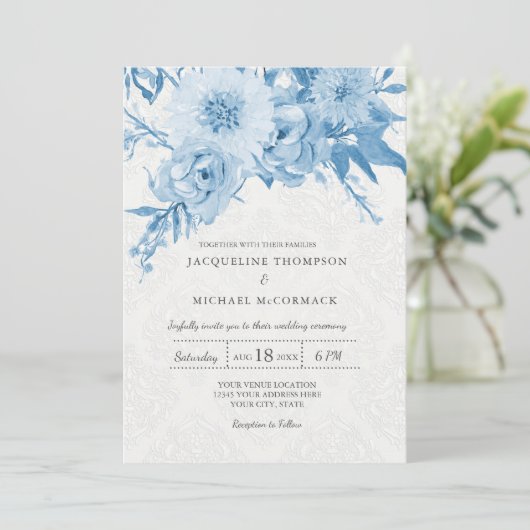 Invitation Mariage Marine Bleu Blanc Chintz Lace Damask Flora (Debout devant)