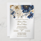 Invitation Mariage Marine Bleu Blanc Or Floral Argent (Devant)