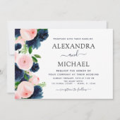 Invitation Mariage Marine Bleu Blush rose Élégant Floral (Devant)