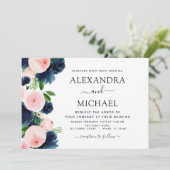 Invitation Mariage Marine Bleu Blush rose Élégant Floral (Debout devant)