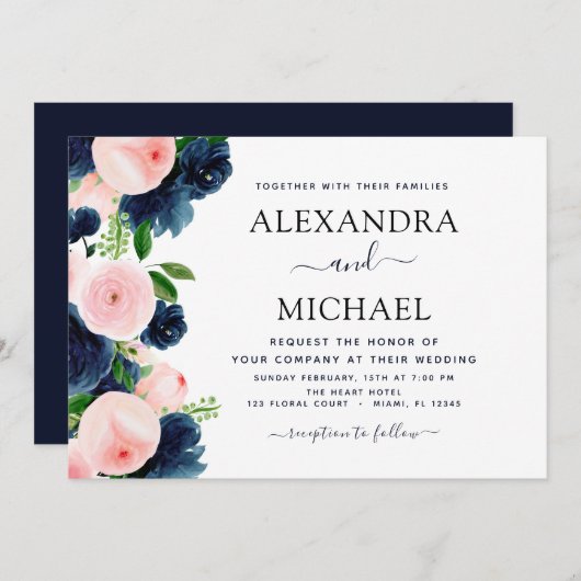 Invitation Mariage Marine Bleu Blush rose Élégant Floral (Devant / Derrière)