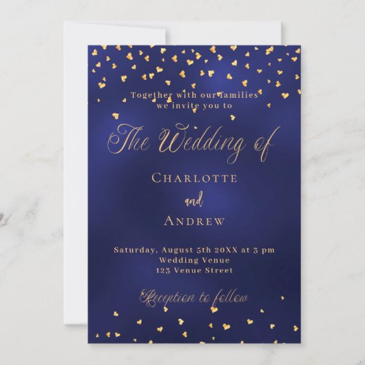 Invitation Mariage marine bleu or coeurs élégant script (Devant)