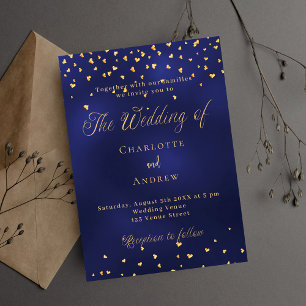 Invitation Mariage marine bleu or coeurs élégant script