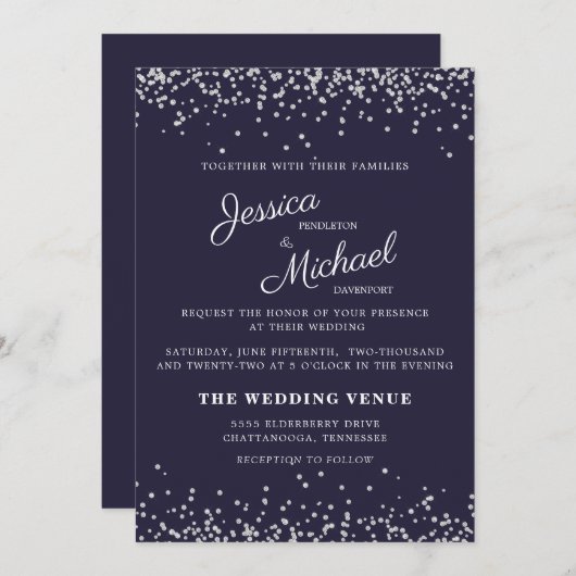 Invitation Mariage Marine Bleu Parties scintillant Argent Élé (Devant / Derrière)