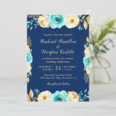 Invitation Mariage Marine Bleu Turquoise or Floral Romantique (Debout devant)