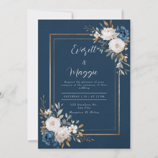 Invitation Mariage Marine & Gold Peony (Devant)